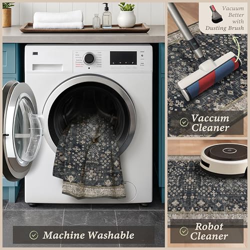 Black Boho Kitchen Rugs Set of 3, Non-Slip Machine Washable Kitchen Floor Mats, Low-Pile Runner Rug for Sink, Entryway, Bathroom, Laundry Room, Bedroom, Vintage Farmhouse Design - color: Ashen / Multi
