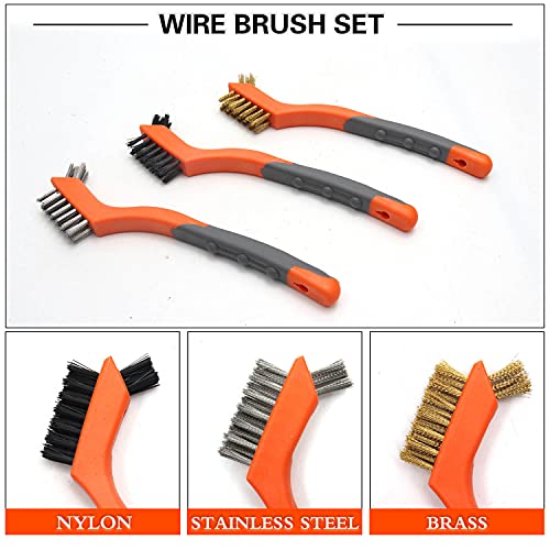 Wire Brush Set 5PCS, Nylon/Brass/Stainless Steel/Carbon Steel Bristles Wire Scratch Brush with Curved Rubber Handle for Cleaning Rust, Corrosion, Dirt, Paint Scrubbing, Deep Detailing Cleaning, Orange