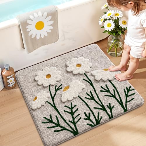 LUMI Bathroom Rugs Cute Daisy, Soft Absorbent Square Bath Mat Non-Slip, Machine Washable Quick Dry White Grey Luxury Rug Flower for Kids Room, Bathtub, Home Decor, 26"x26" - color: Chamomile, size: 26"x26"(Square)