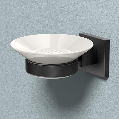 Gatco 1942MX Elevate Soap Dish Holder Matte Black | Wall Mounted 4.31" W X 2.10" H X 5.25" D Porcelain Round White Soap Dish with Matte Black Base for Bathroom - color: Matte Black, style: Elevate