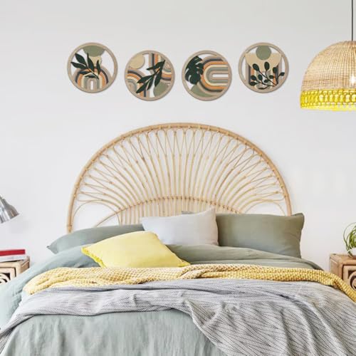 TOARTi 4Pieces Boho Botanical Wooden Wall Art Abstract Bohemian Hanging Sign Farmhouse Geometric Neutral Round Wall Decor Mid Century Minimalist Aesthetic Plant Artwork for Bedroom Living Room Office Decor - color: green