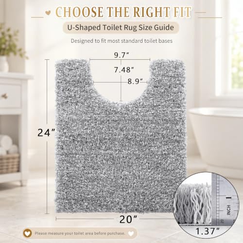 Yimobra Fluffy Toilet Rugs U Shaped, Shaggy Soft Comfortable Non Slip, Water Absorbent Microfiber Bath Mat, Dries Quickly, Machine Washable Thick Bathroom Floor Rugs, 24"x 20", Light Gray and White - color: Light Gray and White, size: 20" X 24" Contour Ru