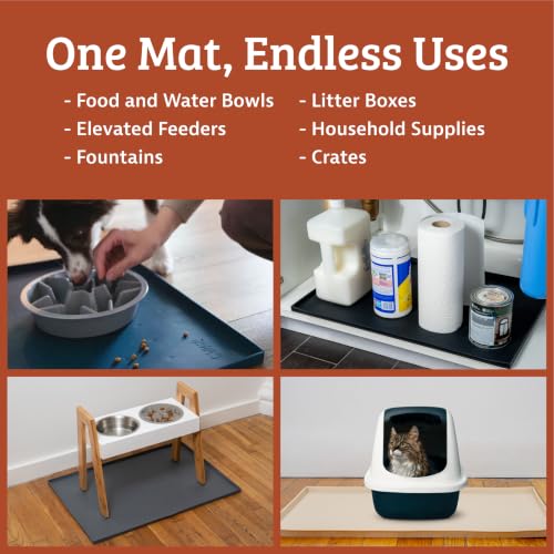Leash Boss Silicone Pet Bowl Mat - Non-Slip Surface Secures Dog Food Tray - Raised Edge Spill Guard Cat Water Mat - Dishwasher-Safe Silicone Tray for Dog Food & Water - XL 25 x 17 in, Beige - color: Beige, size: XL - 25" x 17"