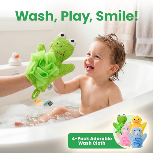 Made Easy Kit Hand Puppet Bath Wash Mitt Towel with Animal Designs with Loofahs for Fun Interactive Bathing Time (Green Yellow Pink Blue) - color: Green Yellow Pink Blue