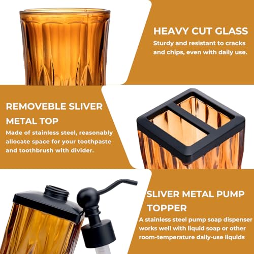 Amber Bathroom Accessories, Thick Etched Glass & Zinc Alloy Pump | Square Design, Beautiful & Weight, 5 Pcs Soap Dispenser, Toothbrush Holder, Soap Dish, Tumbler & Jar, for Mission/Amish Style - style: Square(Amber)