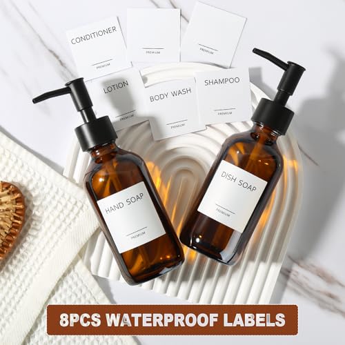 RYTOXILO 8 fl oz Amber Glass Soap Dispenser 4 Pack, Brown Glass Bottle with Pump, Refillable Round Hand Soap Dispensers Bathroom for Soap, Lotion, Oil, Shampoo