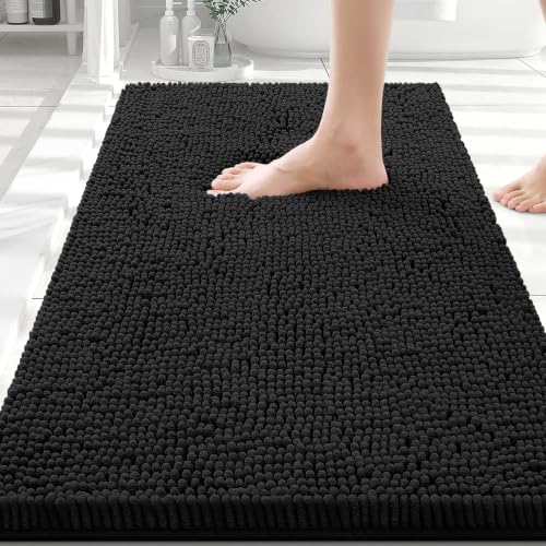 Smiry Luxury Chenille Bathroom Rugs 30x20, Extra Soft and Absorbent Shaggy Bath Mat, Machine Washable, Non-Slip Plush Carpet Runner for Tub, Shower, and Floor, Home Decor Accessories, Black - color: Black, size: 30'' X 20''