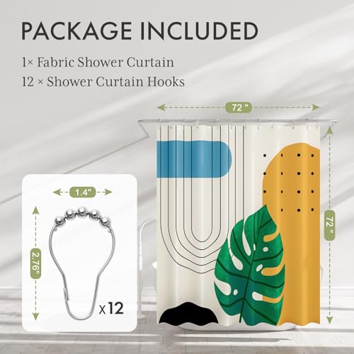 AmazerBath Boho Shower Curtain, Beige and Brown Abstract Cloth Shower Curtain with 12 Metal Hooks, Luxury Washable Farmhouse Polyester Fabric Bathroom Green Leaf Shower Curtain Set, 72x72 Inches - color: D- Boho Leafy+12 Metal Hooks, size: 72"W x 72"L (Pa