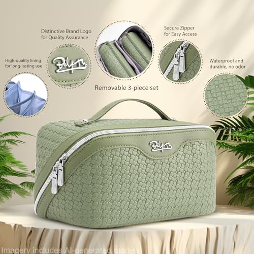 BOYATU Travel Makeup Bag Cosmetic Bags for Women: Large Capacity 3 Pcs Set Make up Bag with Compartments - Waterproof Vegan Leather Toiletry Organizer Bags with Handle (L51Grass Green) - color: L51Grass Green