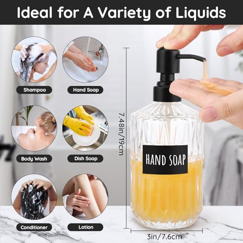 Segbeauty 15.2oz Glass Soap Dispenser Refillable, 2pcs Empty Bathroom Hand Soap Dispenser with Stainless Steel Pump, 450ml Clear Lotion Pump Bottle with Labels, Vintage Shampoo and Conditioner Bottle - color: Clear, size: 15.2oz/450ml