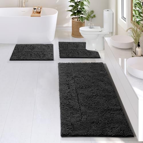 Hearth & Harbor Bathroom Rugs, Chenille Bath Mat - Machine Washable Bath Mats for Bathroom Non-Slip Backing Rubber, Quick Dry Mat - Black Bath Rug, 17x24-26x44-20x24 - color: Black, style: 17x24 / 26x44 / 20x24