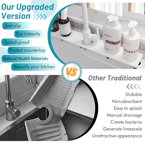 Fast Drying Faucet Mat for Kitchen Sink, Water Absorbent Diatomite Stone Sink Tray with Raised Feet, Kitchen Sink Splash Guard, Prevents Moisture Buildup, Durable Protector for Bathroom Counter - color: White Gray Style 3, size: 20" x 4"