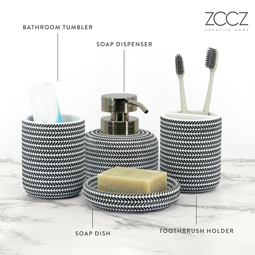 ZCCZ Black and White Bathroom Accessories Set, 4 Pieces - Toothbrush Holder, Soap Dispenser, Vanity Tray, Tumbler - Countertop Organizer for Bathroom Decor - Modern Accessory Set for Home and Office - color: Black and White