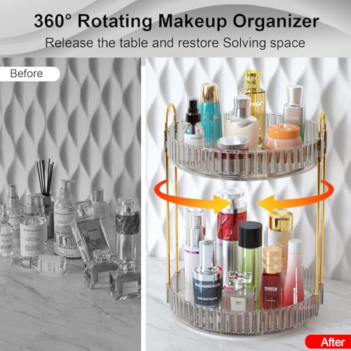GTI 360°Rotating Makeup Organizer, 2 Tier Bathroom Counter Organizer,Large Capacity Perfume Cosmetics Skincare Vanity Organizers, Dresser Spinning Countertop Organizer and Storage for Women (Grey) - color: Gray