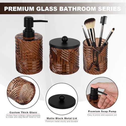 Bathroom Accessories Set,4 Pcs Amber Glass Bathroom Accessories Sets Complete with Lotion Soap Dispenser,Toothbrush Holder,Qtip Holder Dispenser and Vanity Tray,Bathroom Countertop Vanity Organizer - color: Amber Brown