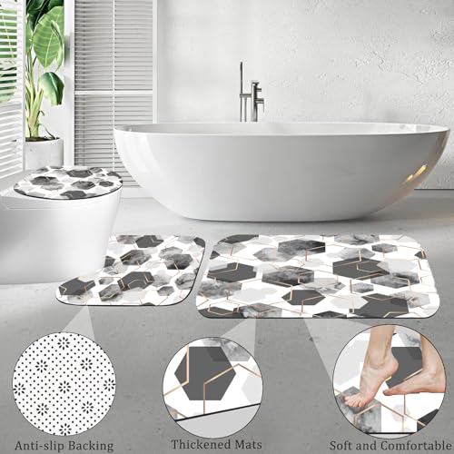 4Pcs Gray White Geometric Shower Curtain Set, Neutral Modern Art Deco Shower Curtain with Hooks, Elegant Trendy Simple Bathroom Sets with Shower Curtain and Rugs, 71 * 71in - color: Grey