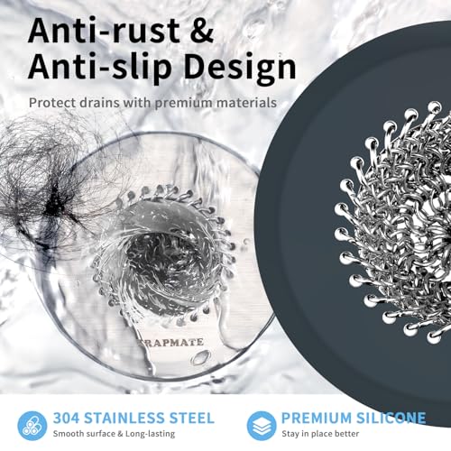 TRAPMATE Bathtub Stopper Drain Strainer Kit, Easy Clean Tub Shower Drain Hair Catcher, Anti-Clog Stainless Steel Sink Cover, Drain Protector for Bathroom Sink & Wash Basin (Patented Product) - color: Silver Silver Gray