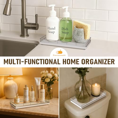 Bathroom Vanity Tray for Countertop, 12" x 6" Oak Wood Toilet Tank Tray | Metal Guardrail, Bathroom Organizer for Soap, Perfume & Skincare, Non-Slip Decorative Tray for Dresser, Silver & White - color: Silver, size: 12" x 6" x 1.5"