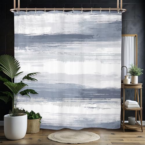 Miyotaa Blue Gray Abstract Shower Curtain Set 60Wx71H Inches Horizontal Striped Modern Contemporary Minimalist Aesthetic Polyester Waterproof Cloth Bathroom Curtain with 12 Hooks - color: Blue Gray Minimalist, size: 60"W x 71"L (Pack of 1)