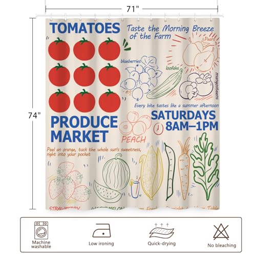 Fabric Shower Curtain with Hooks, Waterproof & Washable & Polyester, Summer Funny Doodle Colorful Cute Farm Fruit Shower Curtains for Bathroom, Unique Cartoon Bathroom Curtain, House Gift, 71x74 Inch - color: Farm Fruits Vegetables Graffiti