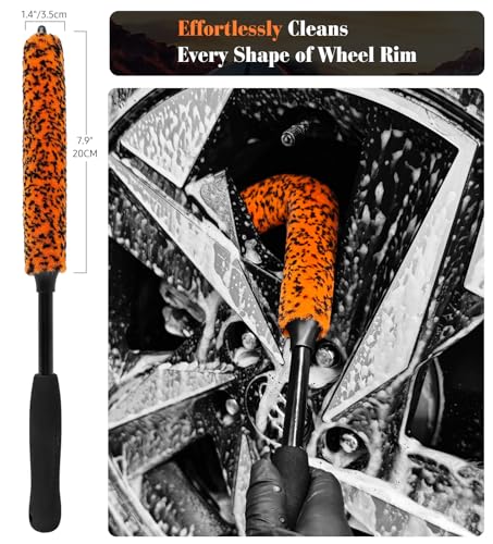 YeewayVeh 3PCS Quick Car Wheel Brush Kit, 2-Size 360° Bendale Rim Cleaner Brushes, Boars Hair Detailing Brush, Fast Scratch-Free Cleaning for Car Wheels, Motorcycle, Orange - color: Orange, size: 3 Pack