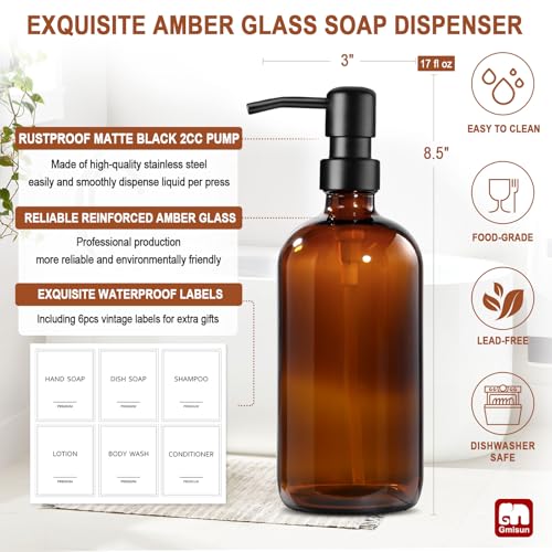 GMISUN Shampoo and Conditioner Dispenser, 3 Pack Amber Glass Bathroom Shampoo Conditioner Body Wash Dispenser with Pump for Shower, 17 Fl Oz Hand Soap Dish Soap and Lotion Dispenser Set for Kitchen - color: Amber Bottle + Black Pump, size: 3 Pack