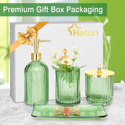 Haturi Bathroom Accessories Set, 4 Pcs Green Glass Bathroom Accessory Set Complete w/Lotion Soap Dispenser, Toothbrush Holder, Qtip Holder, Vanity Tray, Gold Bathroom Decor, Gift for Home Apartment - style: Light Green