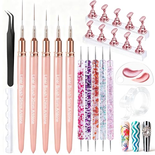 Artdone Nail Art Pens And Brushes Set With Liner Paint Dotting Tools | 11PCS Black Color Nail Tools For Long Lines, Thin Details, Fine Drawing For UV Gel Polish Design Sizes 5/8/12/20/25mm - color: Black Set with Stands
