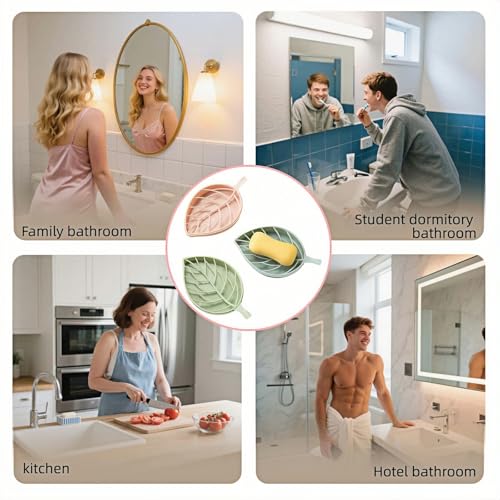 Leaf-Shaped Soap Dish Set, 2-Tier Soap Holder Drain Rack, Leaf Design - No Drill Wall Mount, Detachable Bathroom Organizer for Shower Sink (Pastel Green/Blue/Pink)