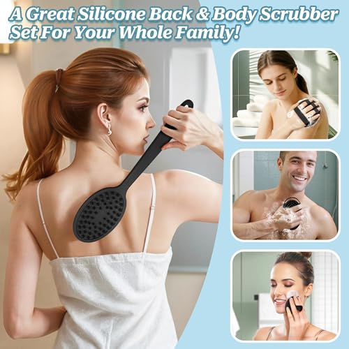 Silicone Back/Body/Face Scrubber & Soft Bath Glove Set 4PCS, Gentle Exfoliating Back & Body Scrubber with Dual-Side Brush Head, Hand-fit Bath Glove & Face Scrubber for Deep Cleaning(Black-4PC) - color: Black*4