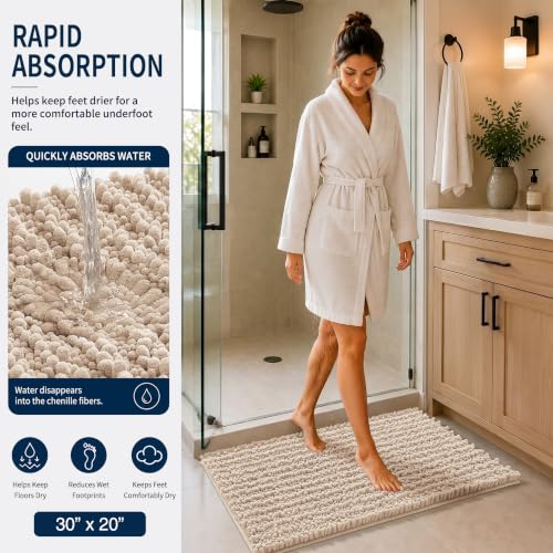 Yimobra Bathroom Rug Set 3 Piece - Super Absorbent Quick Dry Chenille Bath Mats & Toilet Rug, Non Slip Machine Washable, Extra Thick Shaggy Floor Mat for Shower Tub Sink, Light Brown - color: Light Brown, size: 24"x17" + 24"x20" + 30"x20"