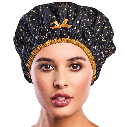 Reusable Shower & Bath Cap & Lined, Oversized Waterproof Shower Caps Large Designed for all Hair Lengths with PEVA Lining & Elastic Band Stretch Hem Hair Hat - Fashionista Starry Nights - color: Starry Nights