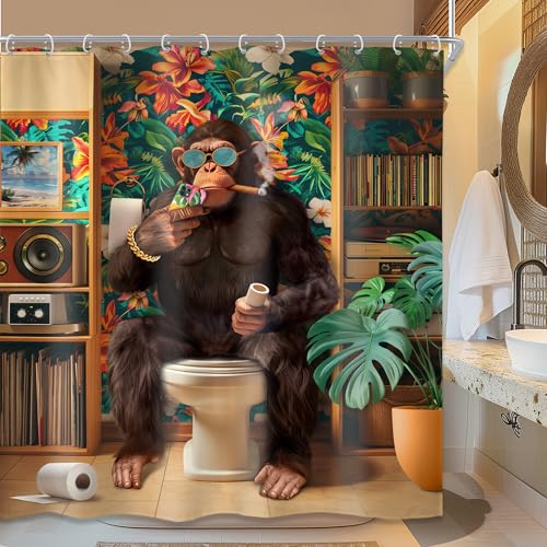 Newsely Funny Monkey Shower Curtain 60Wx72L Inch Chimpanzee Fun Animal Wildlife Tropical Leaves Plant Modern Cool Hilarious Bathroom Set Boys Men Waterproof Bath Decoration Accessories Home Decor - color: K-monkey, size: 60"W x 72"L (Pack of 1)