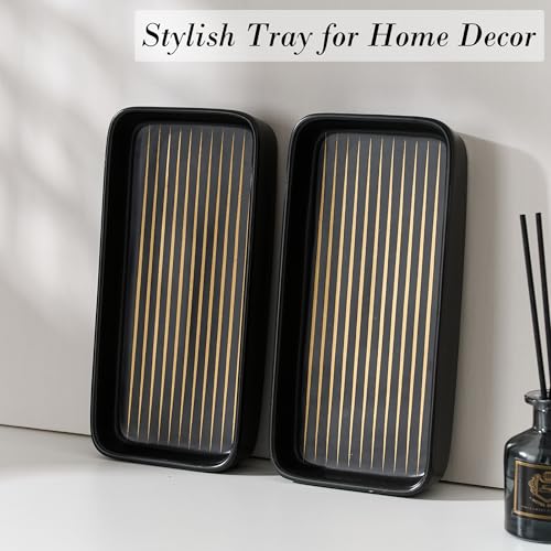 Bathroom Vanity Tray for Countertop,2PC Rectangle Striped Tray,Decorative Bathroom Organizer for Scrubber, Lotion Bottles, Perfume, Jewelry, Candle, Key Trinket Ring(Small,Black) - color: Black Color With Golden Stripes-2 Pcs