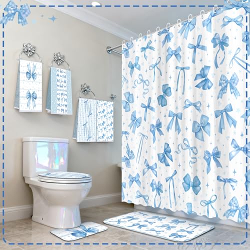 FuWeave 8 Pcs Blue Shower Curtain Set Coquette Blue Bathroom Decor Aesthetic Bow Knot Waterproof Shower Curtain Towels Non Slip Rug Toilet Lid Cover Bath Mat with 12 Hooks for Women Home Bath - color: Blue Bow
