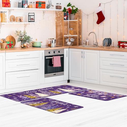 Drydiet 3 Pcs Purple Christmas Kitchen Rug and Mat Set Washable Purple Xmas Tree Kitchen Floor Mats Waterproof Non Slip Farmhouse Merry Christmas Doormat Holiday Xmas Decor for Home Office Bathroom - color: Purple, style: Christmas Tree