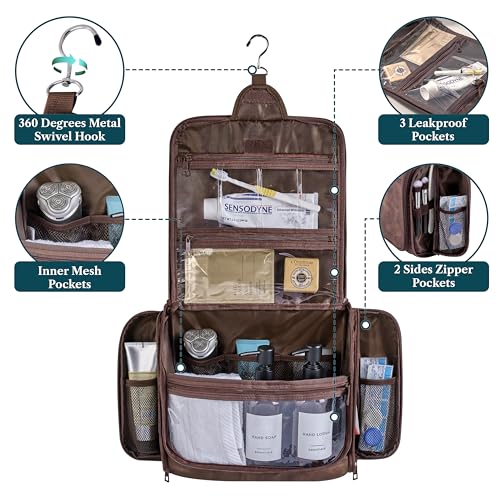 PAVILIA Large Hanging Toiletry Bag for Men Women, Travel Toiletry Organizer with 10 Compartments, Swivel Hook and 3 Leakproof Pockets, Water Resistant Shaving Kit Case, Packs Flat, Brown - color: Brown