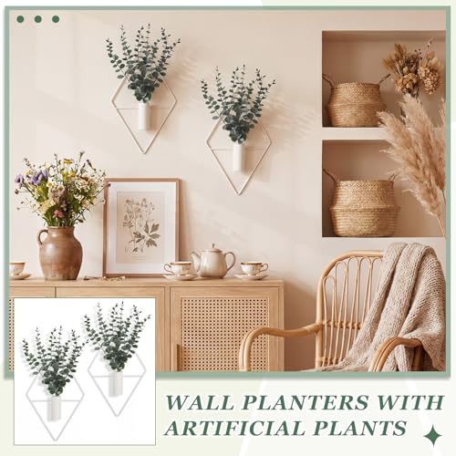 Jexine Hanging Planters with Artificial Eucalyptus Metal Hanging Vase Indoor Plants Holder Modern Geometric Boho Bathroom Wall Decor for Living Room Home Office(Eucalyptus,Matte White,4 Pcs) - color: Matte White, size: Eucalyptus
