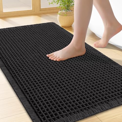 Smiry Waffle Bath Mat 24x16, Extra Soft Absorbent Bathroom Rugs, Non Slip Machine Washable Quick Dry Bath Rugs for Bathroom Floor, Tub, Shower, Home Decor Accessories, Black - color: Black, size: 24'' X 16''