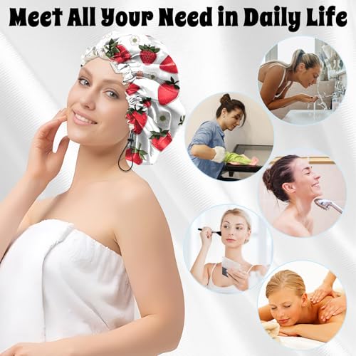 Luxury Shower Cap Satin Lined Reusable Waterproof Double Layer Elastic Adjustable Hair Bath Cap Cute Aesthetic Women Girls-Strawberry - color: F2-Strawberry