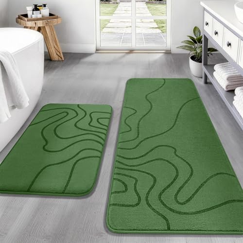 YIHOUSE Memory Foam Bathroom Rugs Sets 2 Piece - Extra Thick Ultra Soft Absorbent Bath Mat Set, Non-Slip Machine Washable Bath Rugs for Bathroom, Tub & Shower, Home Decor (17"x24"+20"x46",Olive Green) - color: Olive Green, size: 1'5" x 3'10" (17"x24"+20"x