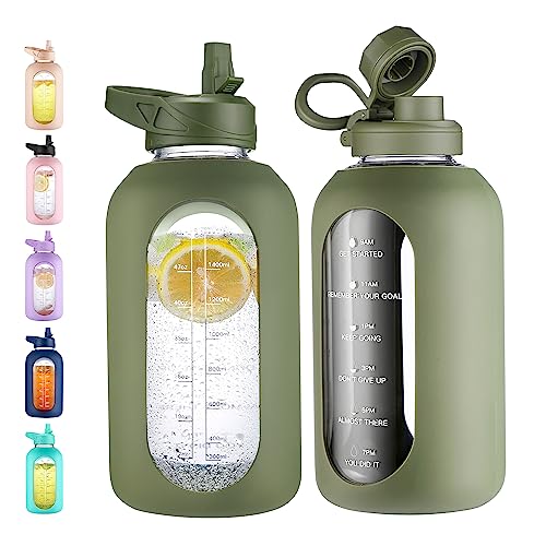 CIVAGO 64 oz Glass Water Bottle Jug with Straw and Handle, Half Gallon Sports Motivational Water Bottle with Time Marker, Large Water Flask Canteen with Silicone Sleeve for Gym, Army Green - color: .Army Green, size: 64 Ounces
