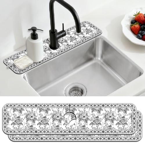 2 Pcs Kitchen Sink Splash Guard Faucet Mat Black Sketch Flowers Pattern Faucet Mat for Sinks Absorbing Drying Mats for Kitchen Bathroom - color: Black Sketch Flowers