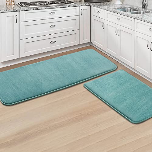 H.VERSAILTEX Kitchen Mat 2 PCS Non Slip Memory Foam Flannel Velvety Kitchen Runner Rug Set for Floor Standing Rugs (47" x 17" + 24" x 17", Eggshell Blue) - color: Eggshell Blue, size: 47" x 17" Plus 17" x 24"
