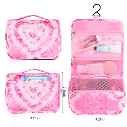 Kids Hanging Toiletry Bag for Girls, Travel Toiletry Bag for Teen Girls Cosmetic Makeup Waterproof Wash Bag Traveling Toiletries, Tie Dye Pink Heart - color: Tie-Dye Heart