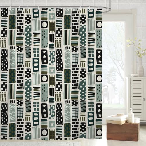 Fabric Shower Curtain with Hooks, Waterproof & Washable Polyester, Boho Green Checkered Geometric Shower Curtains for Bathroom, Neutral Modern Abstract Pattern Bathroom Curtain, 71x74 Inch - color: Green Abstract Geometric
