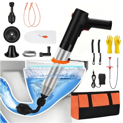 Electric Toilet Plunger, Drain Unclogger Plungers High Pressure Air Drain Blaster with Drain Auger, Splash-free Plungers for Bathroom, Plumbing Snake for Toilet, Clog Remover Heavy Duty(Black) - color: Electric Black
