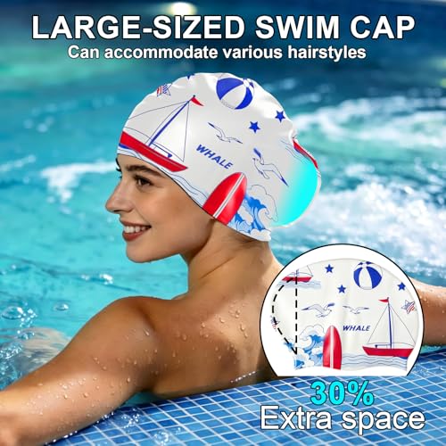 WHALE Extra Large Swim Cap Designed for Men and Women with Thick, Long Hair, Hair Extensions Or Afro-Textured Hair Long-Hair Swim Cap Highly Waterproof to Keep Hair Dry - color: Ocean Waves White