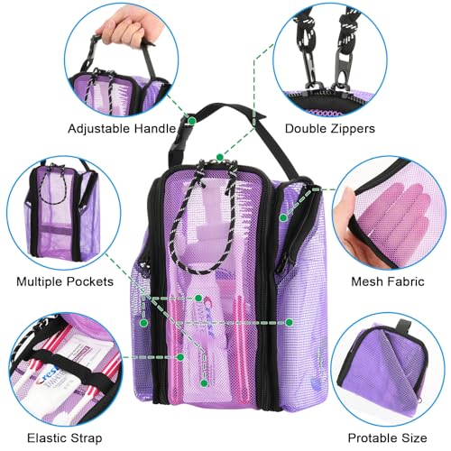 Cosmos Mesh Shower Caddy Toiletry Organizer Hanging Shower Tote Bag, Quick Dry Shower Organizer Portable Bath Bag with Durable Zippers & Side Pockets for Travel Gym Swimming Beach & Camp (Purple) - color: Purple