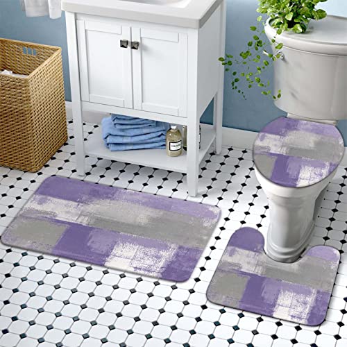 Lnond 4Pcs Purple Bathroom Shower Curtain Sets with Rugs, Purple and Grey Painting Art Bathroom Sets with Shower Curtain and Rugs and Accessories - color: 1-purple